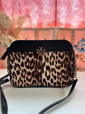 Tory Burch Leopard Calf Hair Leather Crossbody Bag Gold Chain statement like new